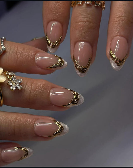 Hand wearing French Almond -shaped press-on nails