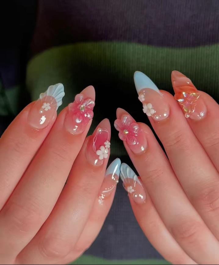 Hand wearing latest trend Almond -shaped press-on nails